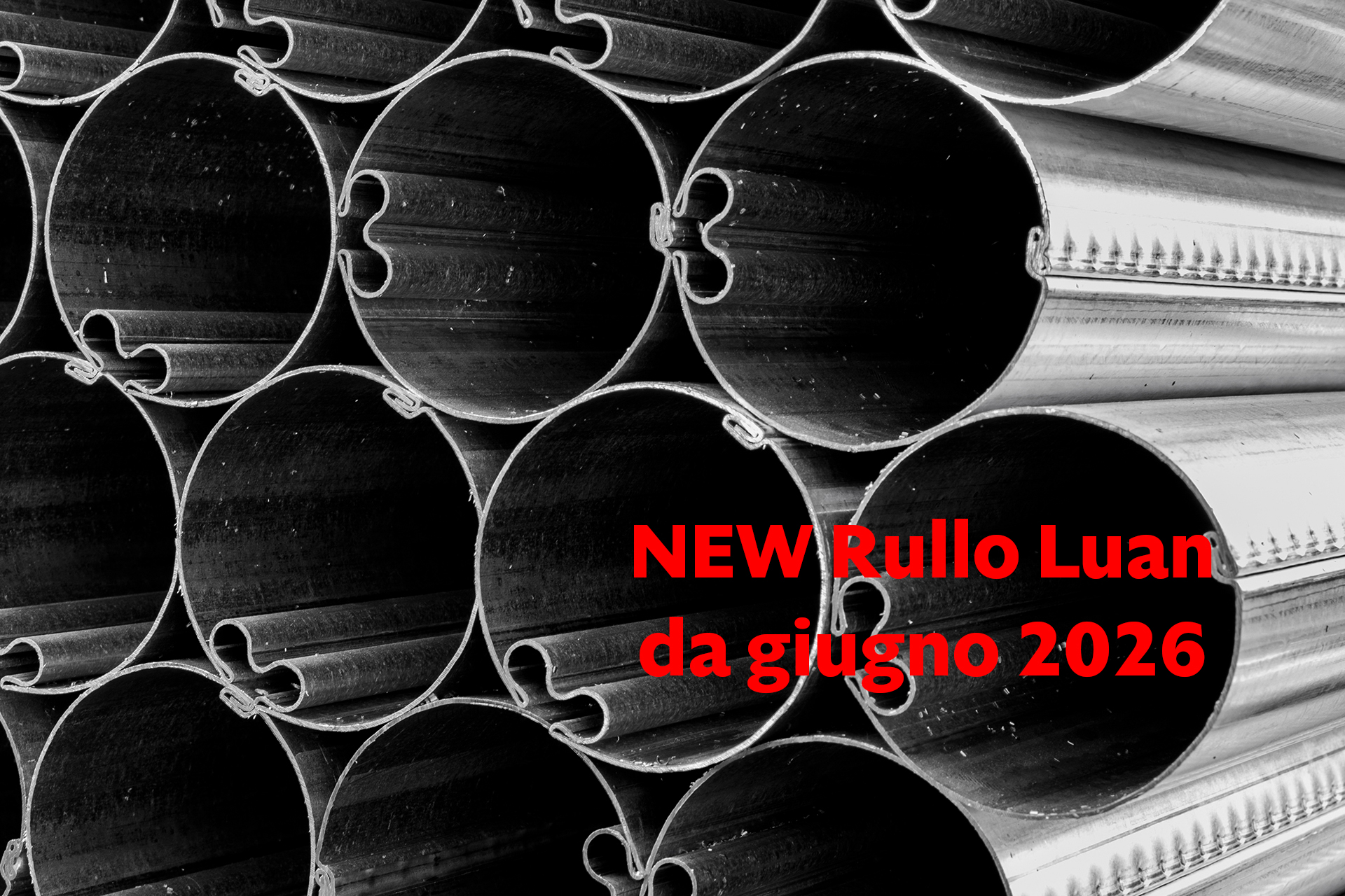 Fotografia di una catasta di rulli Luan con sovraimpressa la scritta "NEW Rullo Luan da giugno 2026"